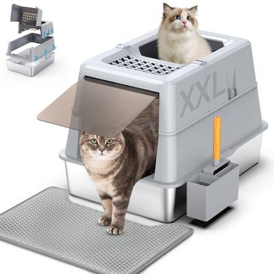 Show full view: Aphyxen High Sided Covered Stainless Steel Cat Litter Box with Lid & Mat, XX-Large: 27.5 x 19.7 x 19.3-in, Grey slide 1 of 8