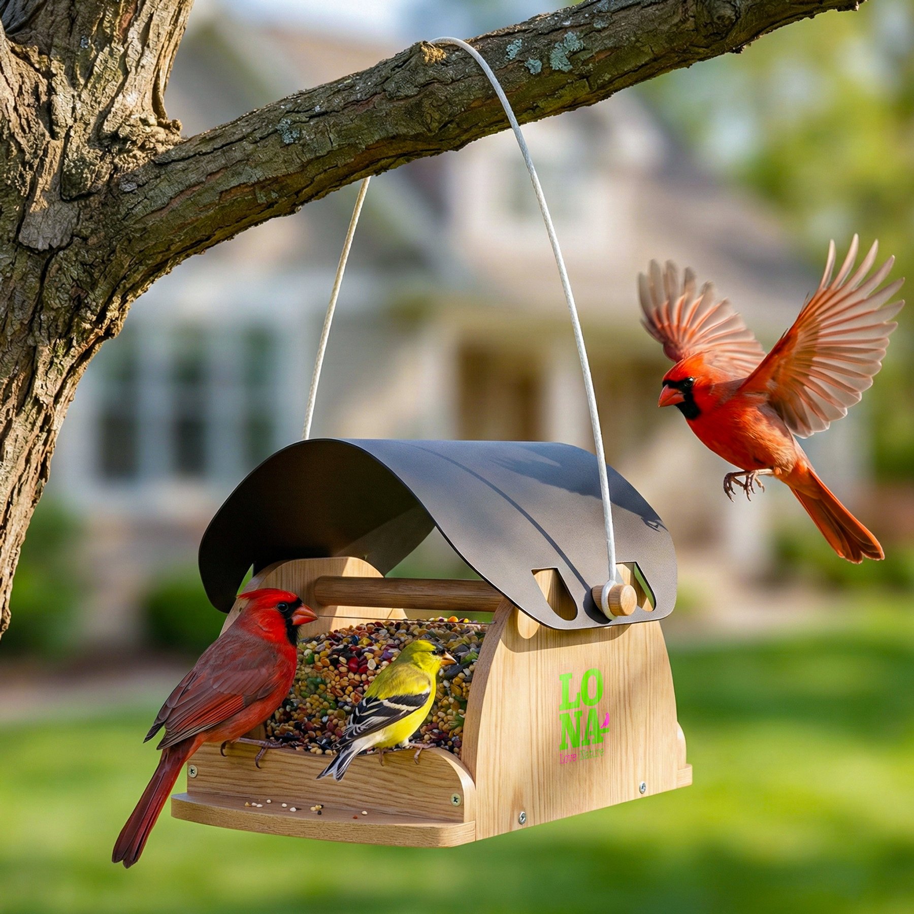 LONA Love Nature Wooden Hanging Bird Feeder, Natural