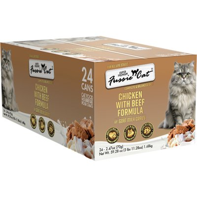 Fussie Cat Fussie Cat Super Premium Chicken with Beef in Goat Milk Gravy Shredded Wet Cat Food, 2.47-oz can, case of 24