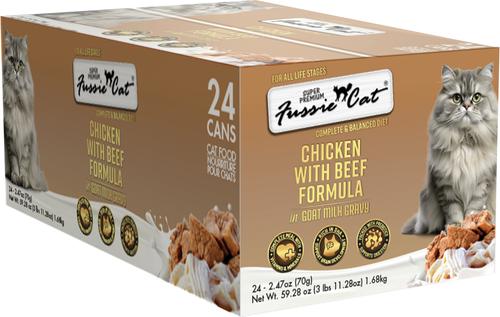 Fussie Cat Super Premium Chicken with Beef in Goat Milk Gravy Shredded Wet Cat Food, 2.47-oz can, case of 24