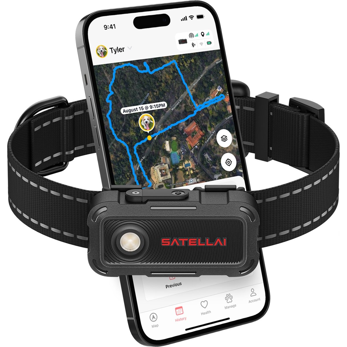 SATELLAI Go Smart GPS Dog Tracker with Health Monitoring, Virtual Boundaries & Two-Way Audio Dog Collar, Carbon Black, Large