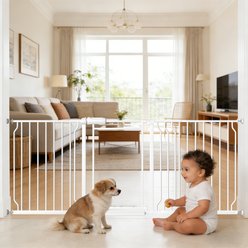 WAOWAO Triple Lock Adjustable Pet Dog Gate with Clear Acrylic Panel, White, 65 to 73-in