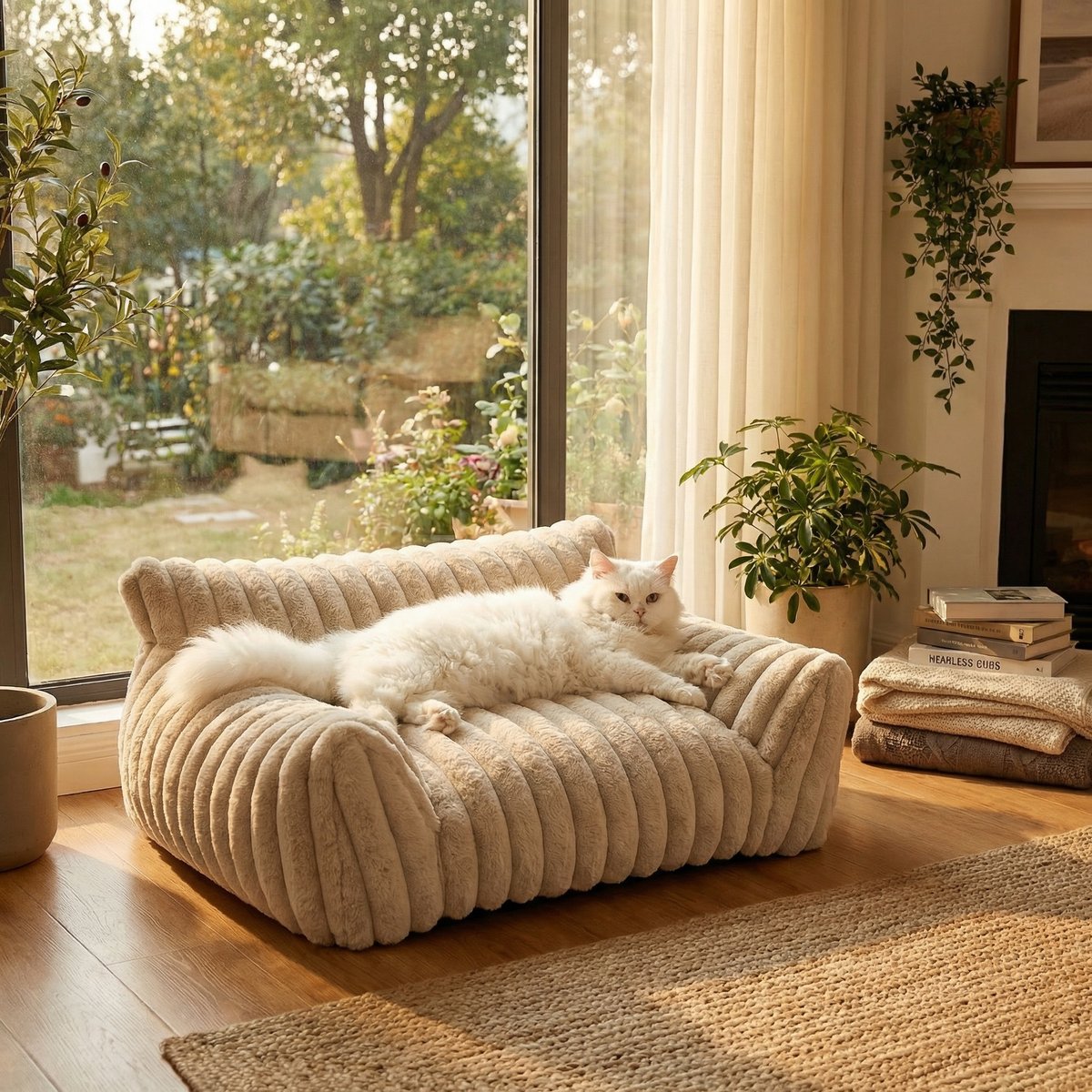 Kylinsure Corduroy Fleece Dog & Cat Sofa Bed with Removable Cover, Beign, Small