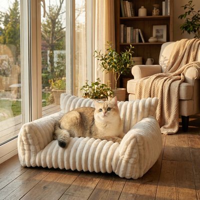 Kylinsure Kylinsure Corduroy Fleece Dog & Cat Sofa Bed with Removable Cover, Cream, Small