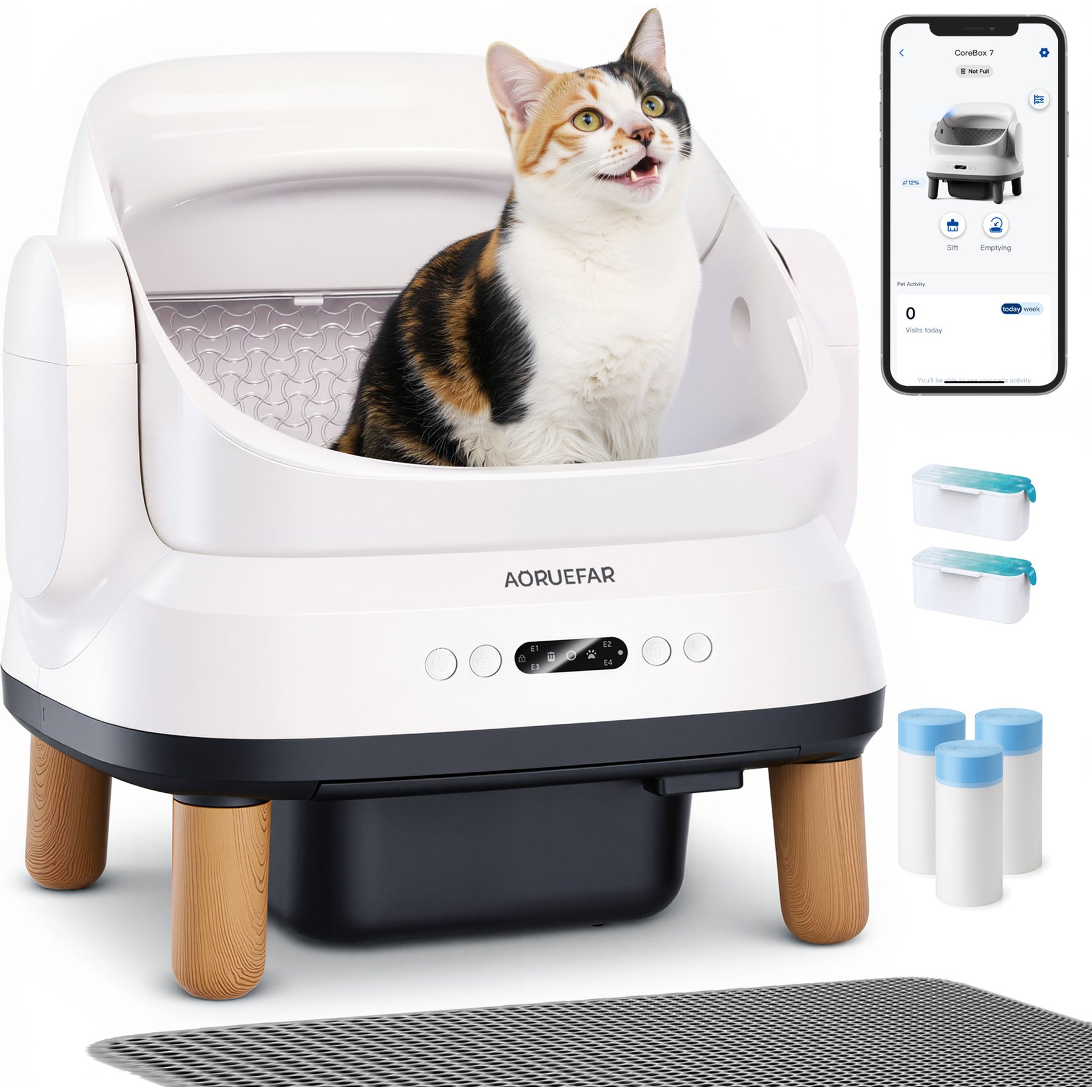 Aoruefar Open-Top Advanced Odor Control Self Cleaning Scandinavian Inspired Cat Litter Box with Liners & Mat