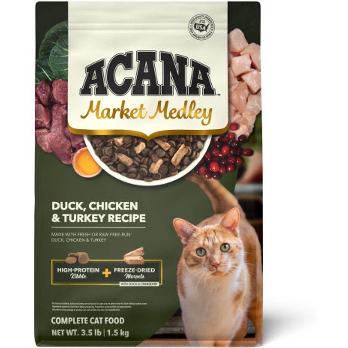 ACANA Market Medley Duck, Chicken & Turkey Recipe with Freeze-Dried Morsels Made with Duck & Cranberry Grain-Free Dry Cat Food, 3.5-lb bag