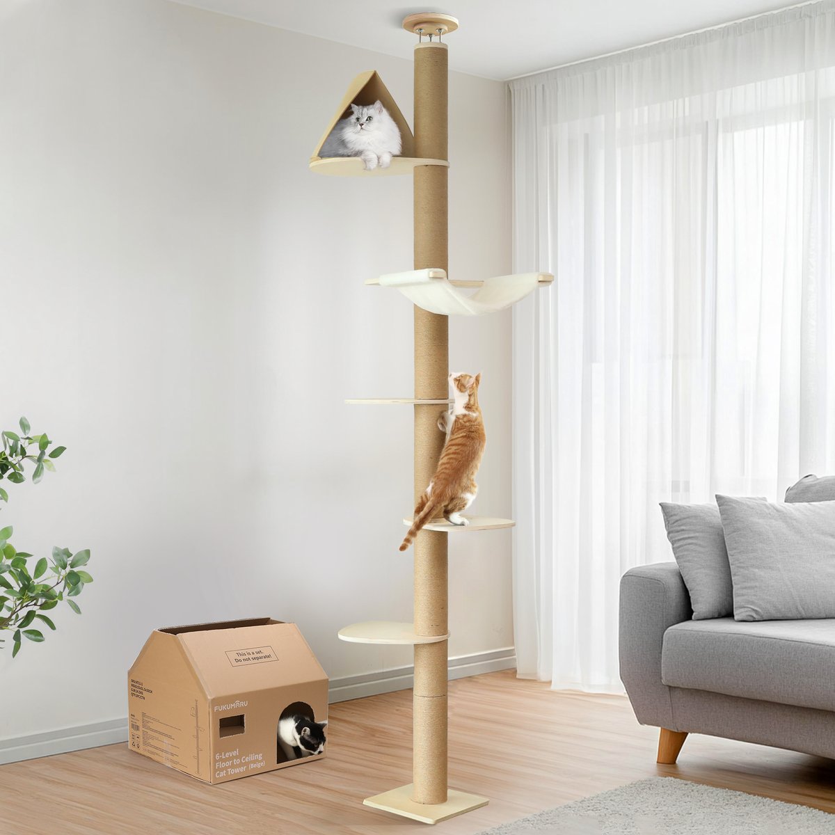 FUKUMARU 118-in Heavy Duty Solid Wood Adjustable 6-Level Floor-to-Ceiling Cat Tree with Scratching Posts, Beige