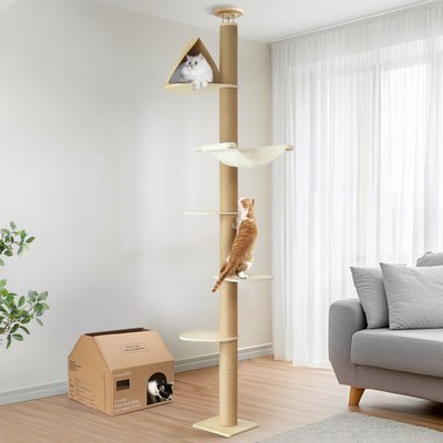 FUKUMARU FUKUMARU 118-in Heavy Duty Solid Wood Adjustable 6-Level Floor-to-Ceiling Cat Tree with Scratching Posts, Beige