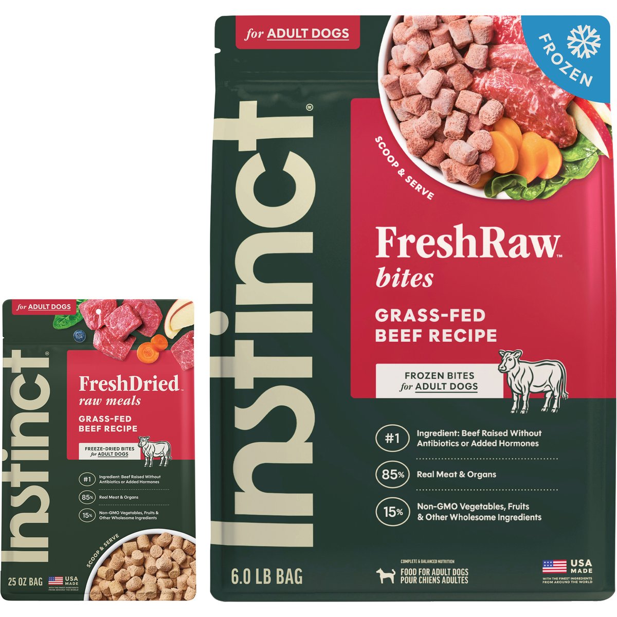 Instinct Frozen Raw Bites Real Beef Recipe Food + Freeze-Dried Raw Meals Real Beef Recipe Dog Food