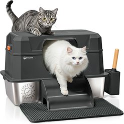 Petcove Stainless Steel Cat Litter Box Enclosed 3-in-1 Metal Litter Tray with Lid Odor Control, X-Large: 27-L, Jet Black