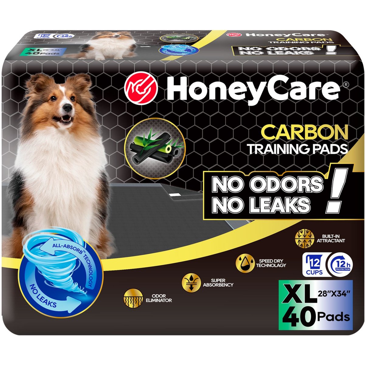 HoneyCare All-Absorb Charcoal Carbon Eliminating Urine Odor Dog Training Pads, 28x34-in, 40 count