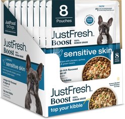 JustFoodForDogs JustFresh Boosts Sensitive Skin Human-Grade Wet Dog Food Topper with Vitamin C, Vitamin E, Algae Oil & Omega-3 Fatty Acids, 8-oz pouch, case of 8