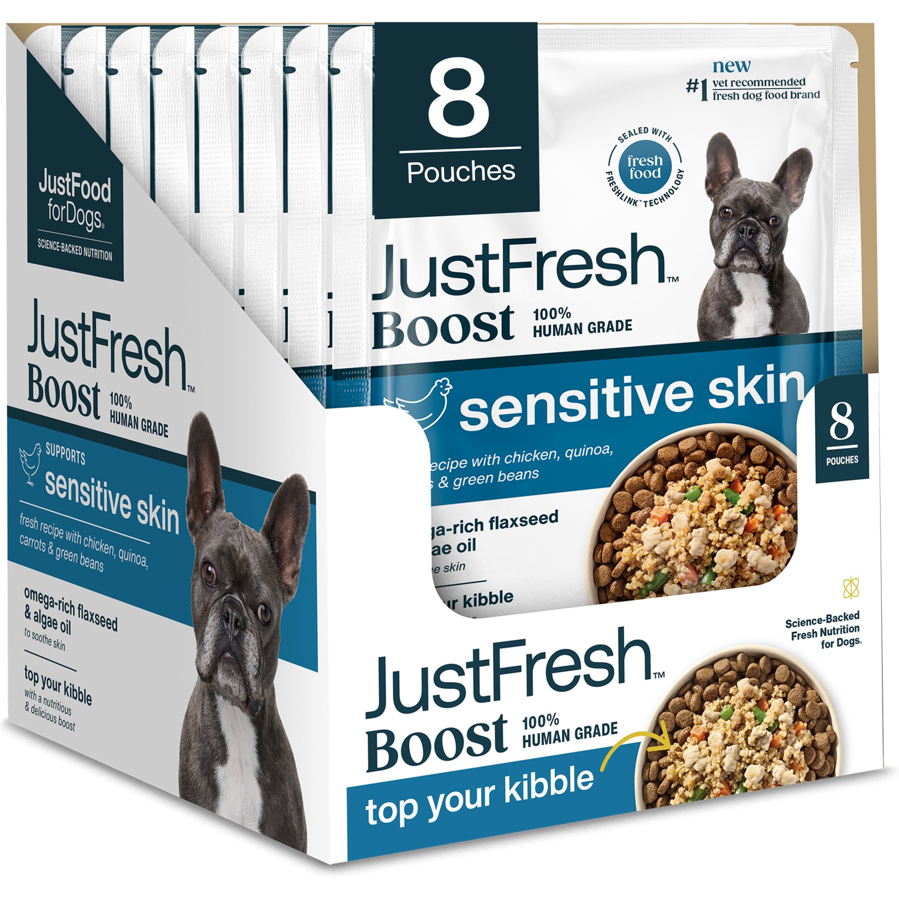 JustFoodForDogs JustFresh Boosts Sensitive Skin Human-Grade Wet Dog Food Topper with Vitamin C, Vitamin E, Algae Oil & Omega-3 Fatty Acids, 8-oz pouch, case of 8