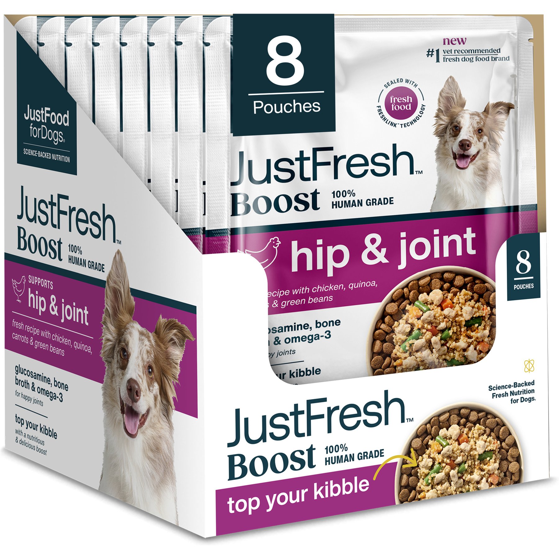 JustFoodForDogs JustFresh Boosts Hip & Joint Support Human-Grade Wet Dog Food Topper with Glucosamine, Bone Broth, & Omega-3 Fatty Acids, 8-oz pouch, case of 8