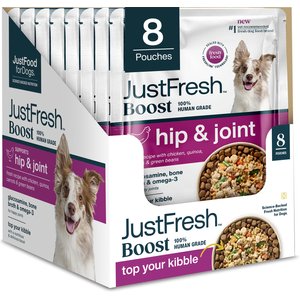 JustFoodForDogs JustFresh Boosts Hip & Joint Support Human-Grade Wet Dog Food Topper with Glucosamine, Bone Broth, & Omega-3 Fatty Acids, 8-oz pouch, case of 8
