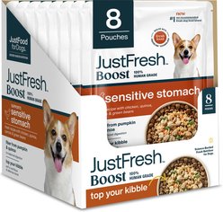 JustFoodForDogs JustFresh Boosts Sensitive Stomach Human-Grade Wet Dog Food Topper with Fiber for Gut Support from Pumpkin, Oats & Psyllium, 8-oz pouch, case of 8