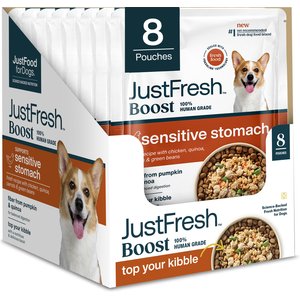 JustFoodForDogs JustFresh Boosts Sensitive Stomach Human-Grade Wet Dog Food Topper with Fiber for Gut Support from Pumpkin, Oats & Psyllium, 8-oz pouch, case of 8