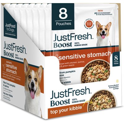 JustFoodForDogs JustFoodForDogs JustFresh Boosts Sensitive Stomach Human-Grade Wet Dog Food Topper with Fiber for Gut Support from Pumpkin, Oats & Psyllium, 8-oz pouch, case of 8
