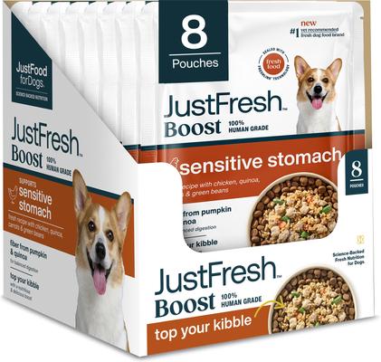 JustFoodForDogs JustFresh Boosts Sensitive Stomach Human-Grade Wet Dog Food Topper with Fiber for Gut Support from Pumpkin, Oats & Psyllium, 8-oz pouch, case of 8