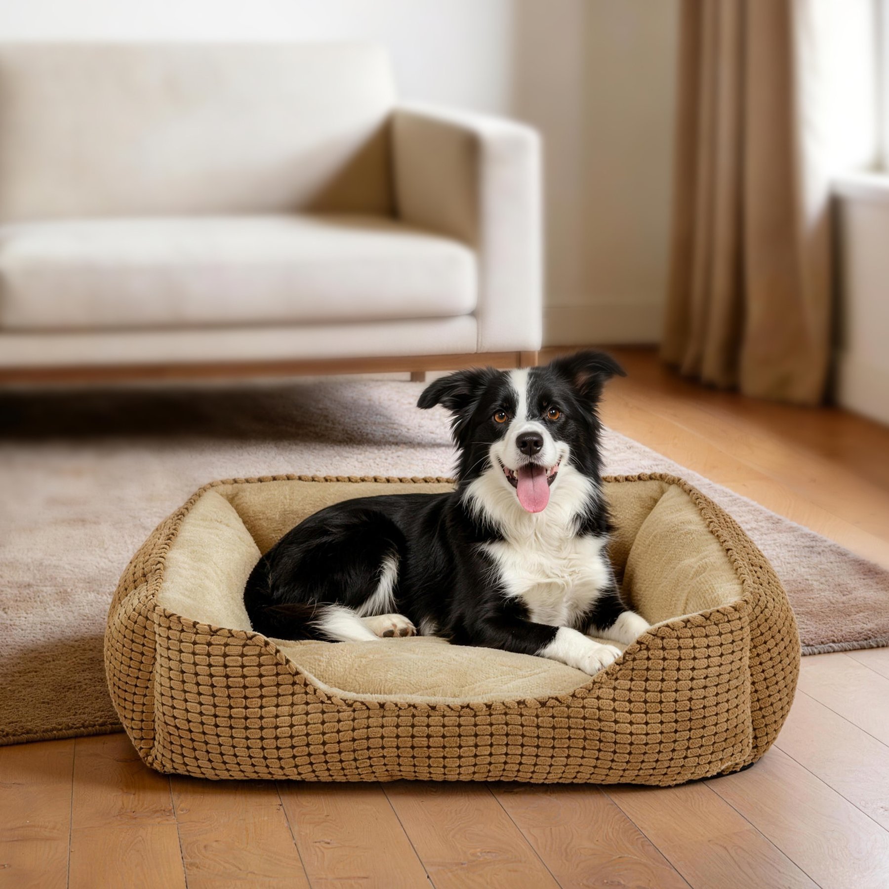 Invenho Rectangle Sofa Bolster Dog & Cat Bed with Flannel, Corduroy & Anti-Slip Bottom, Brown, 30-in