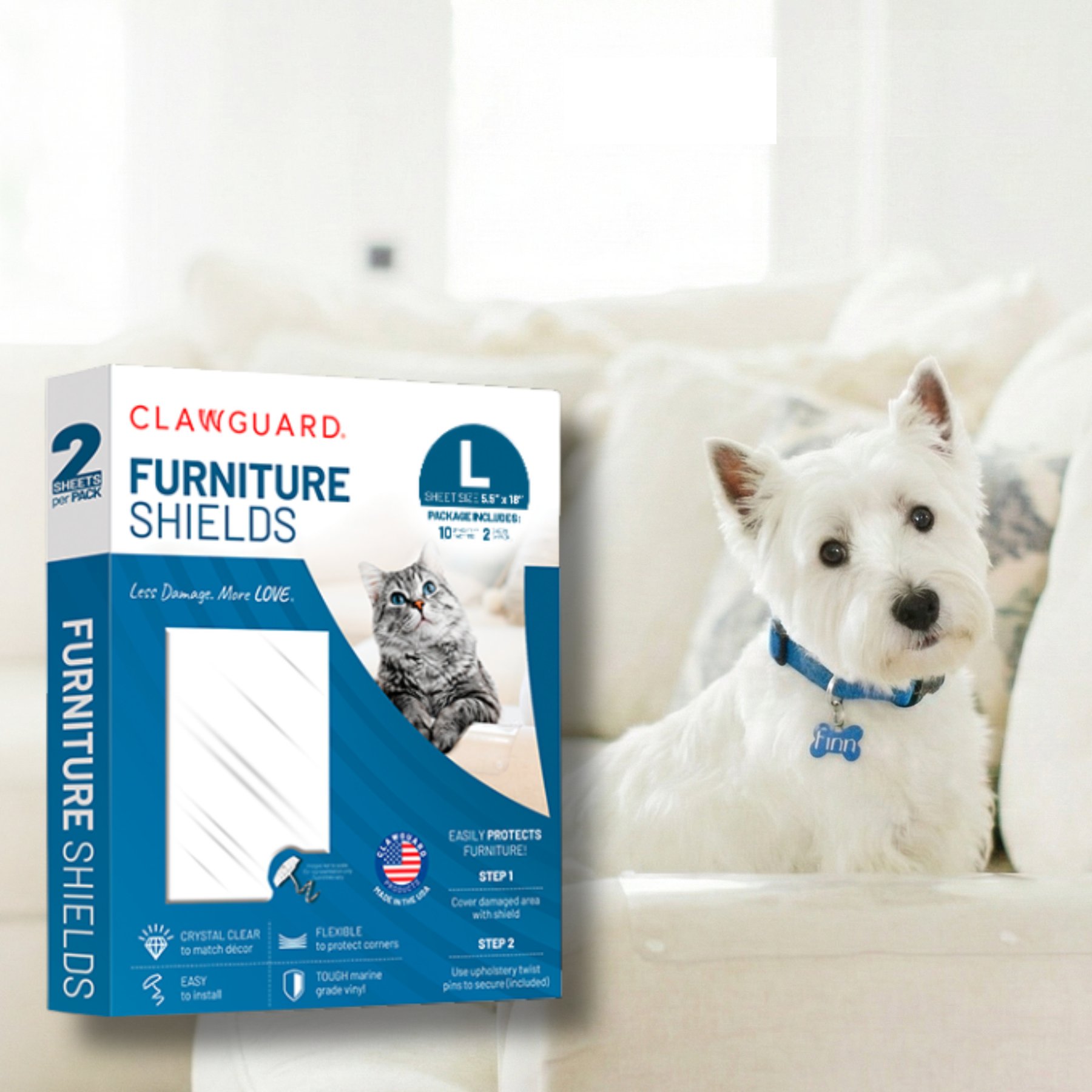 CLAWGUARD Marine Grade Clear Vinyl Sofa & Upholstery Protector Furniture Shields for Cats, 2 count, Large