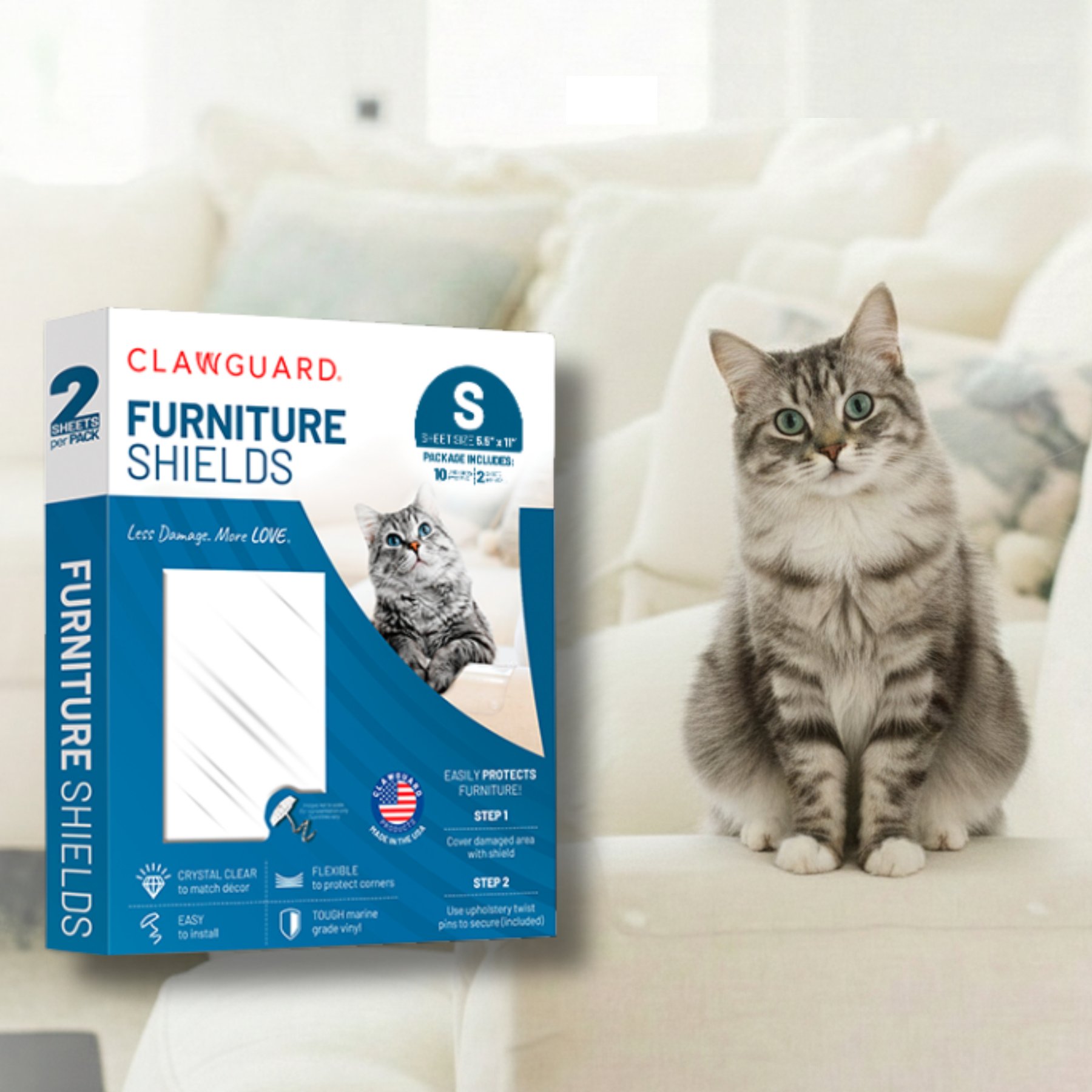 CLAWGUARD Marine Grade Clear Vinyl Sofa & Upholstery Protector Furniture Shields for Cats, 2 count, Small