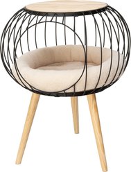 Kitty City Modern Cat Bed & Wooden Side Table with Removable Sherpa Cushion, Tan