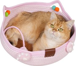 Gapzer Cotton Rope Scratch-Resistant Woven Washable Cute Cat Bed Basket, Pink, 14.1 x 14.1 x 5.1-in