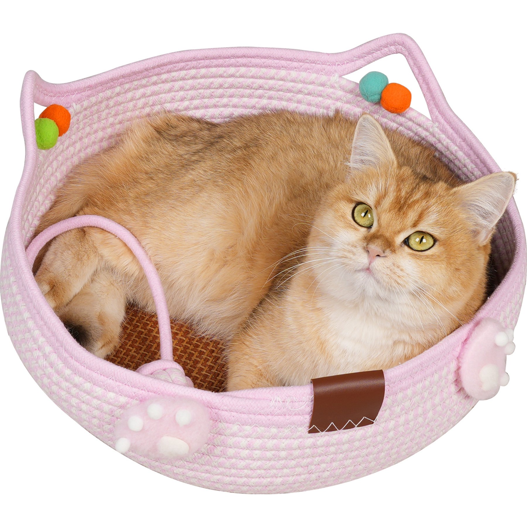 DOPZER Cotton Rope Scratch-Resistant Woven Washable Cute Cat Bed Basket, Pink, 14.1 x 14.1 x 5.1-in