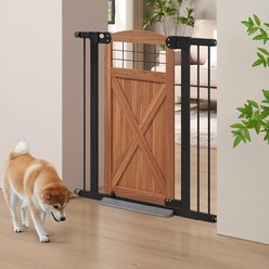 beeNbkks Farmhouse Wood & Steel Pressure Mounted Dog Gate, Walnut & Black, 39-in