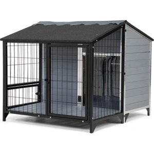 Coziwow Wooden Outdoor Dog House with Heavy-Duty Iron Kennel, Grey, Medium