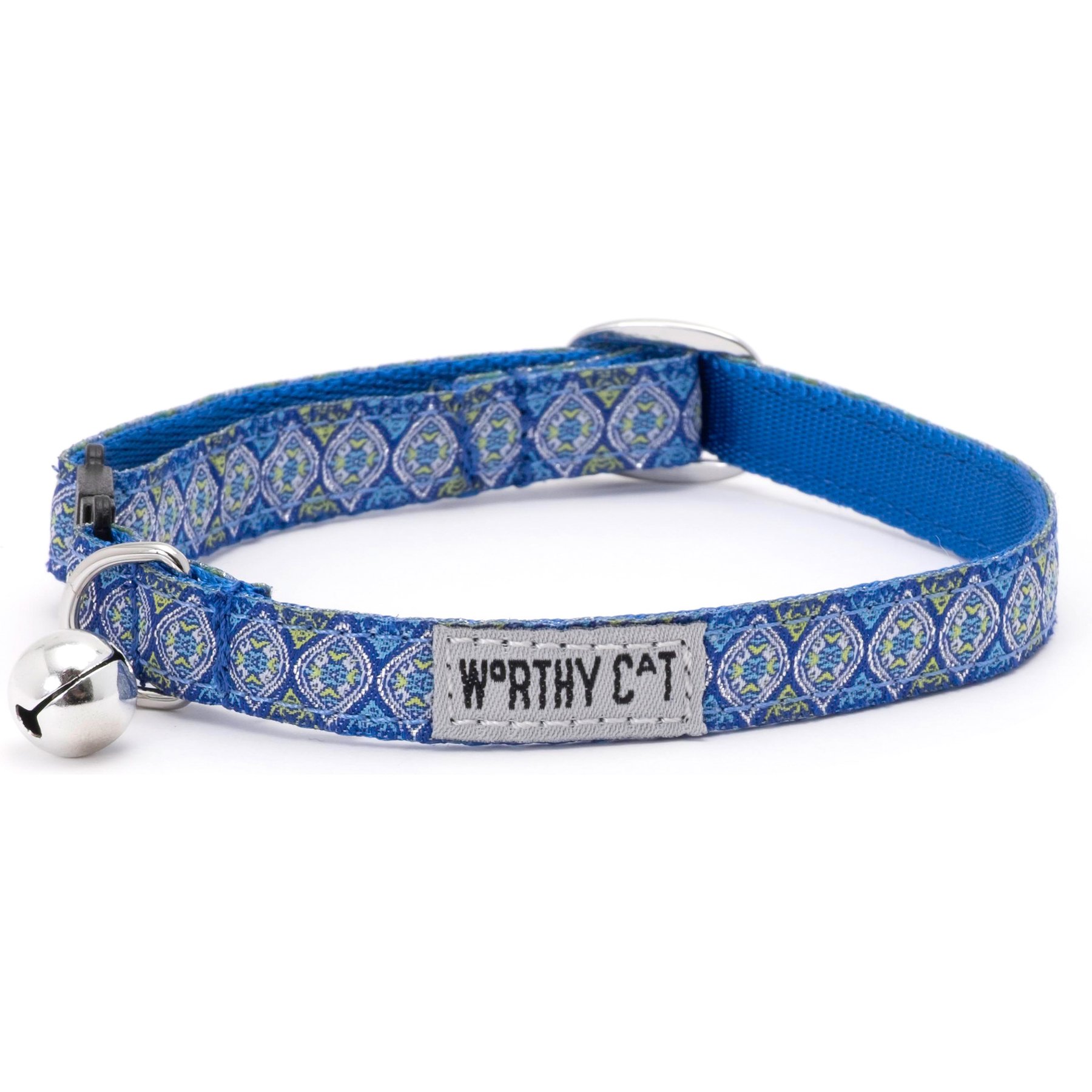 The Worthy Cat Medallion Cat Collar, Blue, 9 to 11-in neck, 1/2-in wide