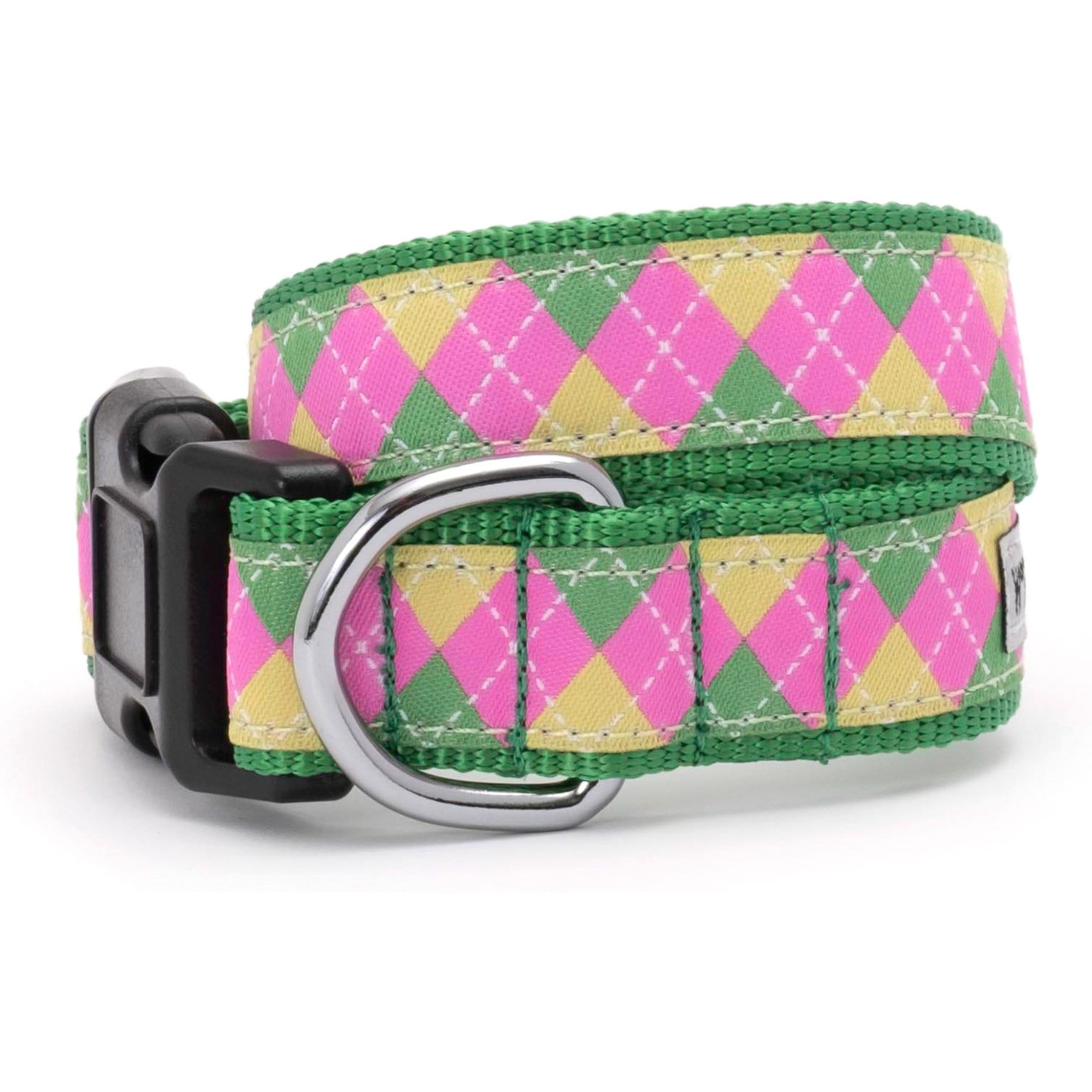 The Worthy Dog Bright Argyle Dog Collar, Pink/Green, X-Small: 5 to 11-in neck, 1/2-in wide