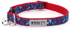 The Worthy Cat Anchors Ahoy Cat Collar, Red/White/Blue, 9 to 11-in neck, 1/2-in wide