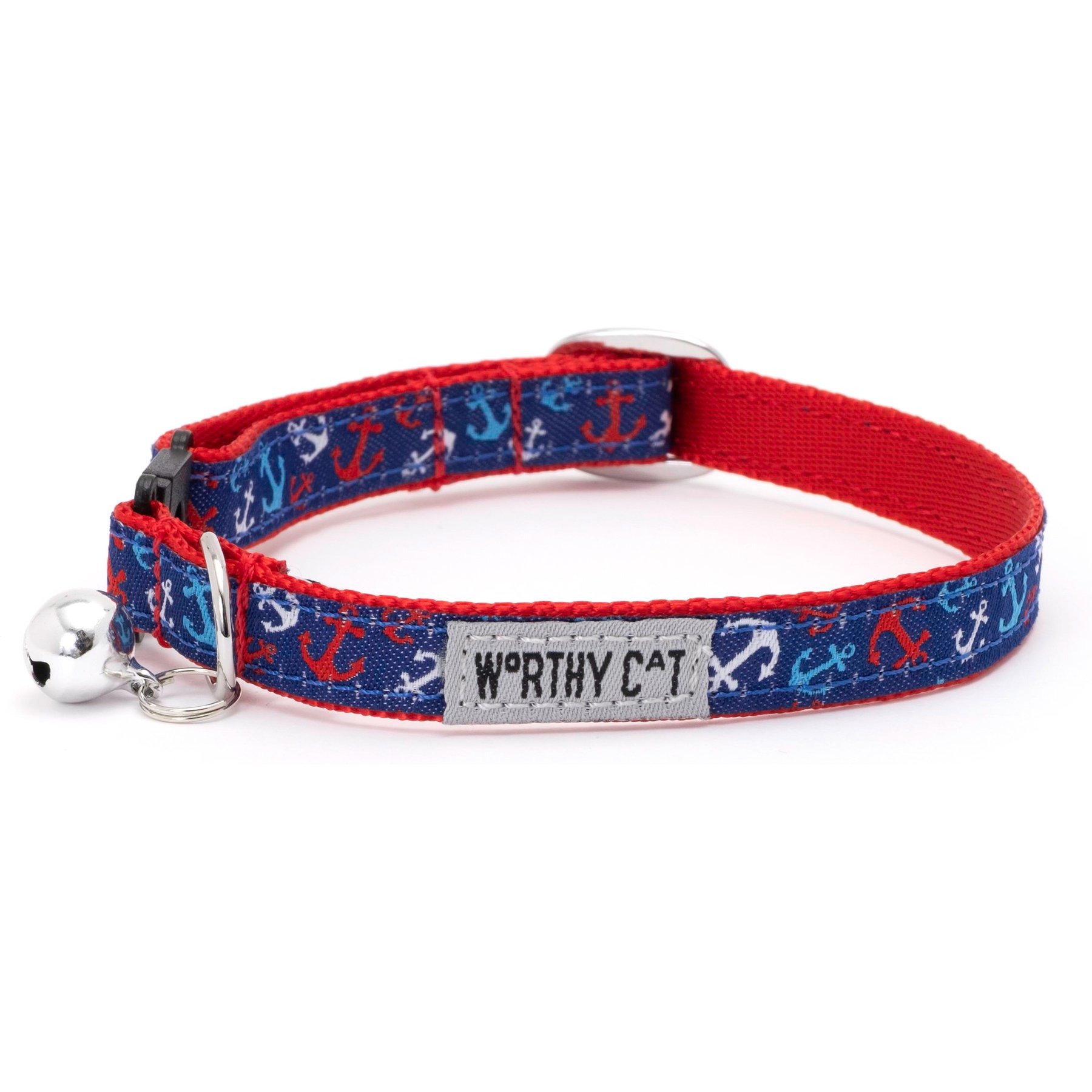The Worthy Cat Anchors Ahoy Cat Collar, Red/White/Blue, 9 to 11-in neck, 1/2-in wide