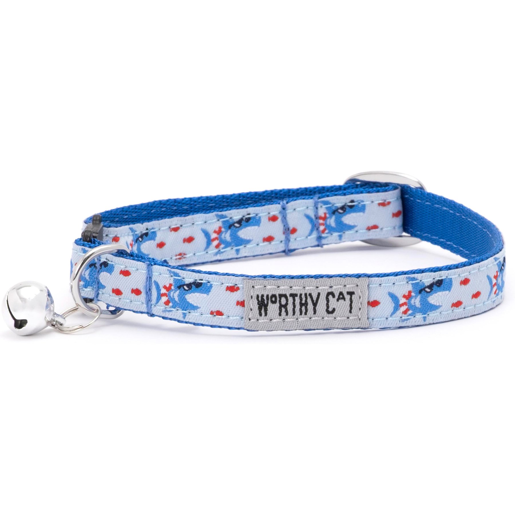 The Worthy Cat Sharkuterie Cat Collar, Blue, 9 to 11-in neck, 1/2-in wide