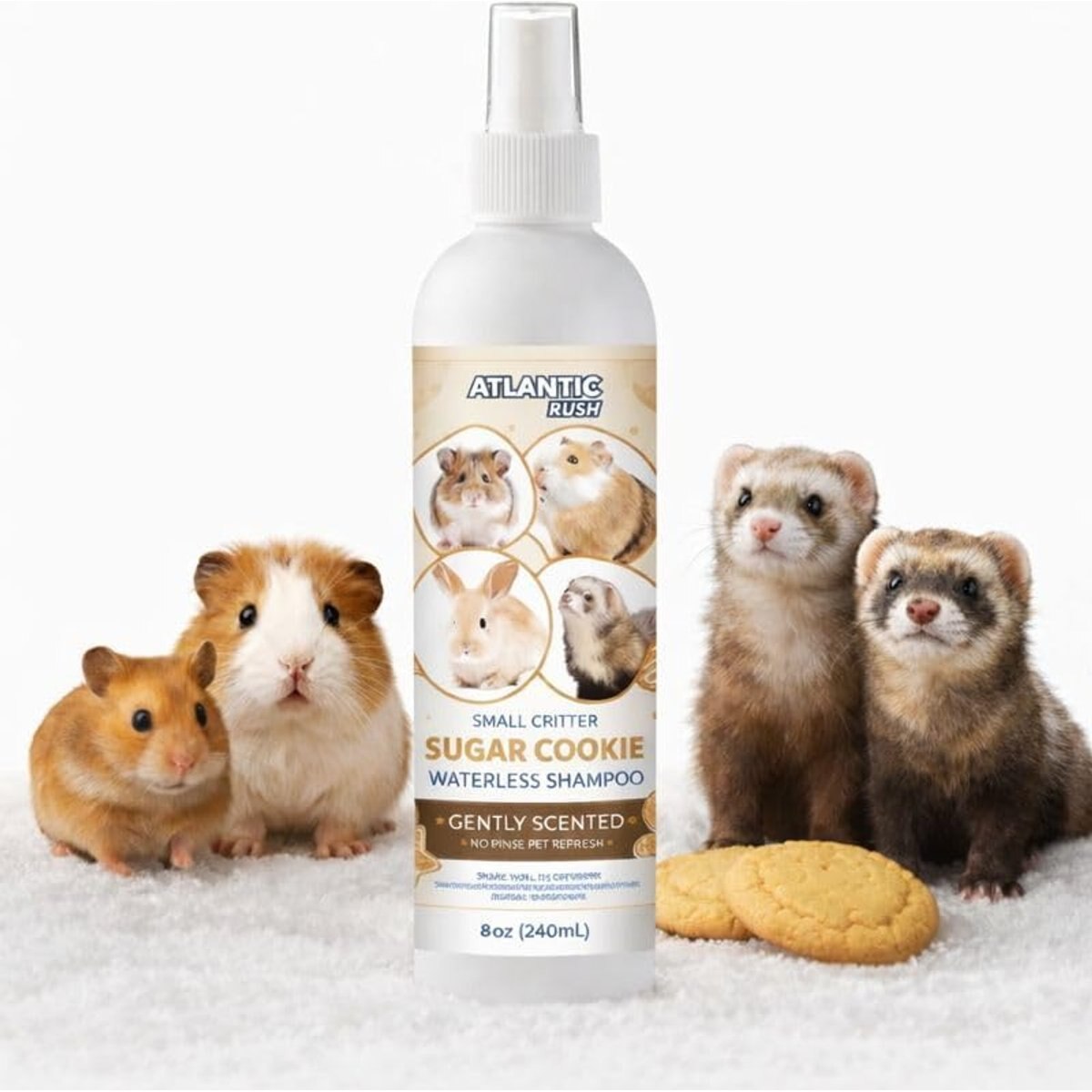 Atlantic Rush Critter Waterless Sugar Cookie Lightly Scented Fragrance Free Shampoo for Smallpets, White, 8-fl oz bottle