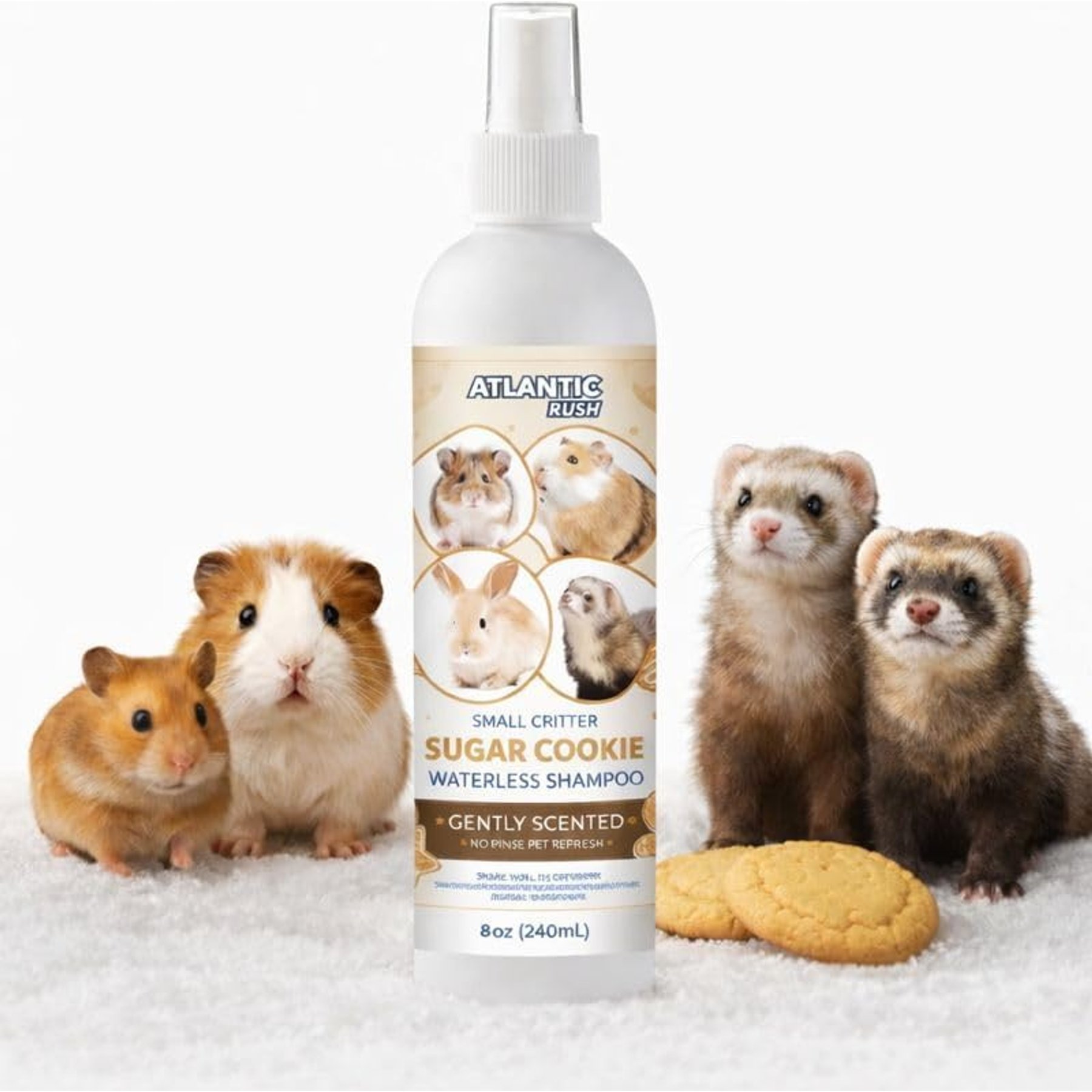 Atlantic Rush Critter Waterless Sugar Cookie Lightly Scented Fragrance Free Shampoo for Smallpets, White, 8-fl oz bottle