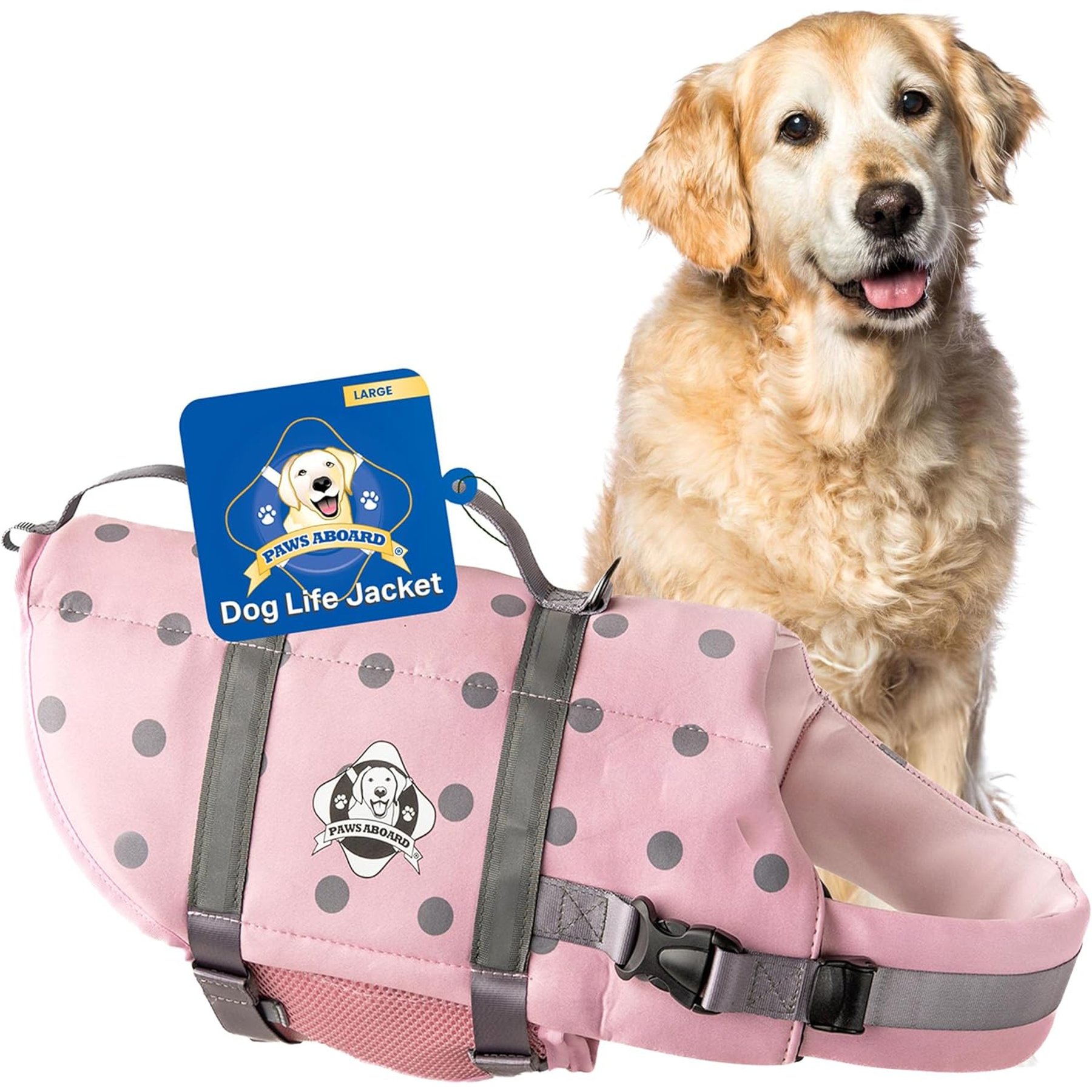 Paws Aboard Neoprene Dog Life Jacket, Pink Gray Polka Dots, Large