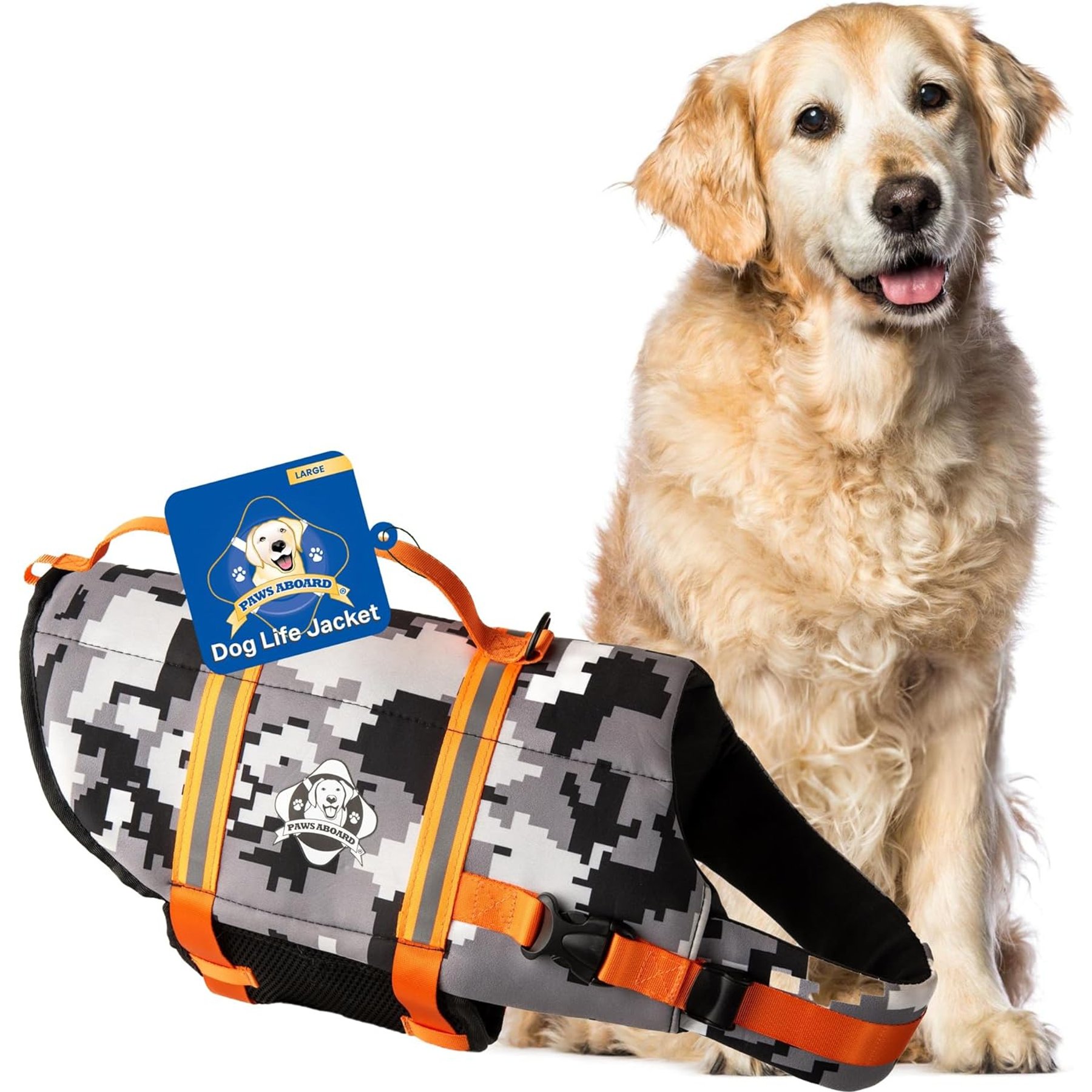 Paws Aboard Neoprene Dog Life Jacket, Orange Camo, Large