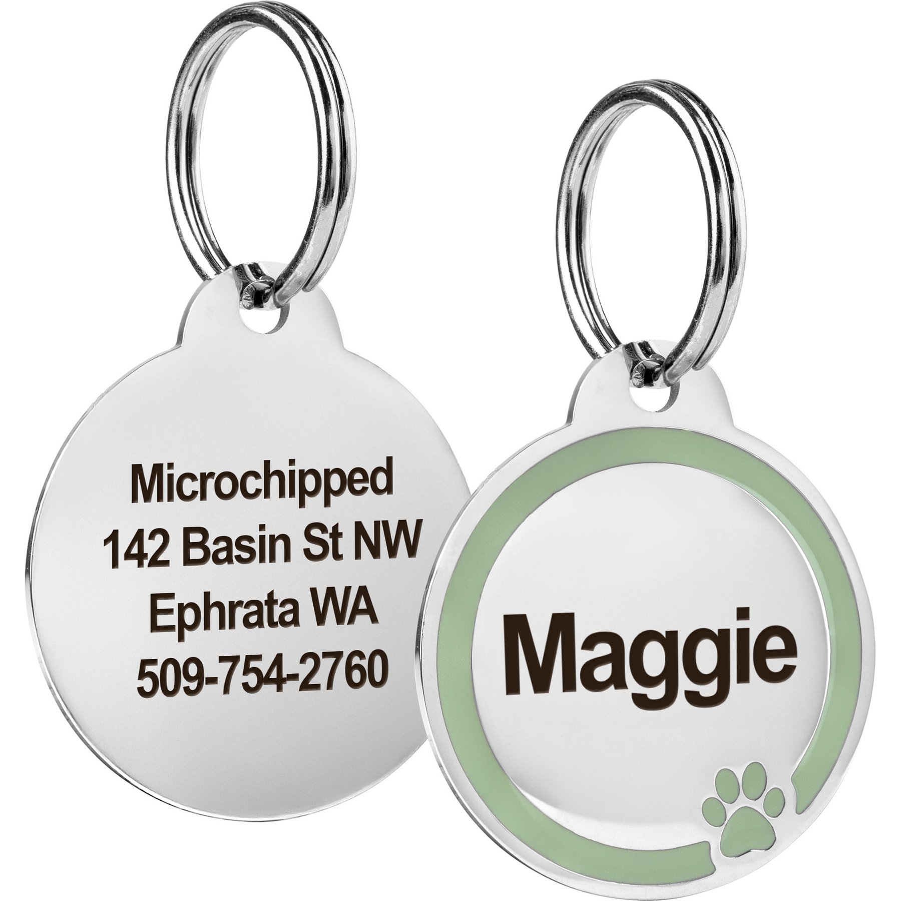 GoTags Personalized Engraved Round Shaped with Enamel Paw Dog & Cat ID Tag, Moss, Small