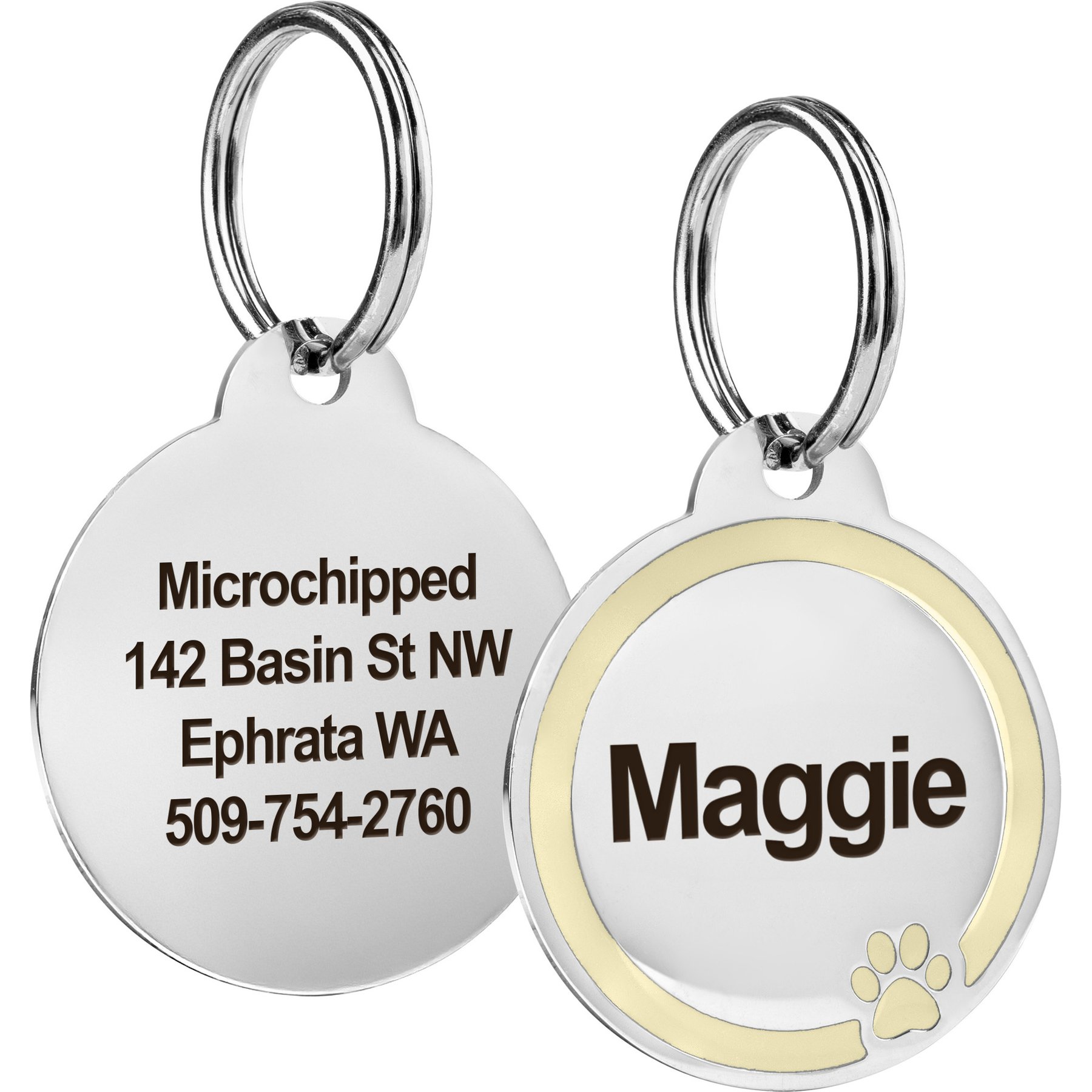 GoTags Personalized Engraved Round Shaped with Enamel Paw Dog & Cat ID Tag, Oatmeal, Regular