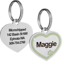 GoTags Personalized Engraved Heart Shaped with Enamel Paw Dog & Cat ID Tag, Moss, Small