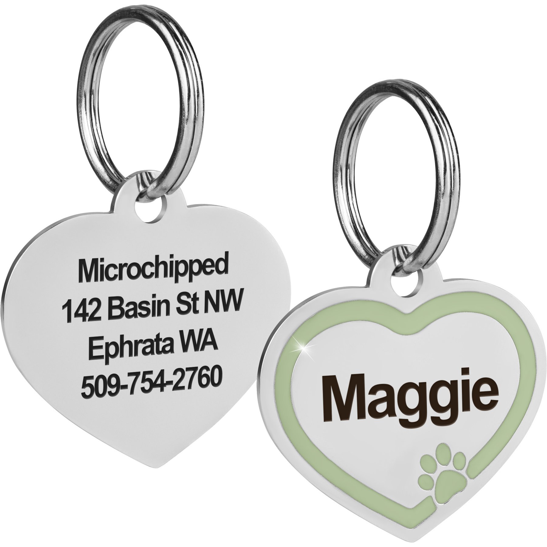 GoTags Personalized Engraved Heart Shaped with Enamel Paw Dog & Cat ID Tag, Moss, Small