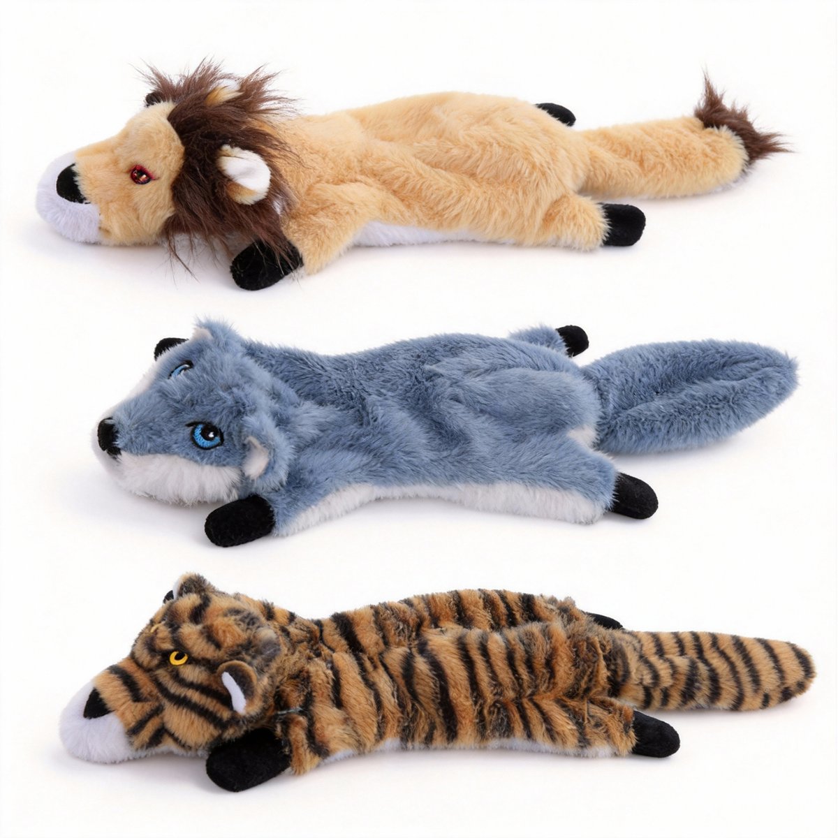 Potaroma Lion, Tiger, Wolf Squeaky Stuffless Plush Dog Chew Toy, 3 count
