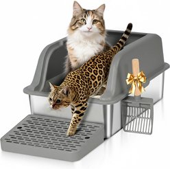 HOMAGICO Enclosed High Sided Clumping Stainless Steel Cat Litter Box with Lid, 24 x 16 x 15.74-in