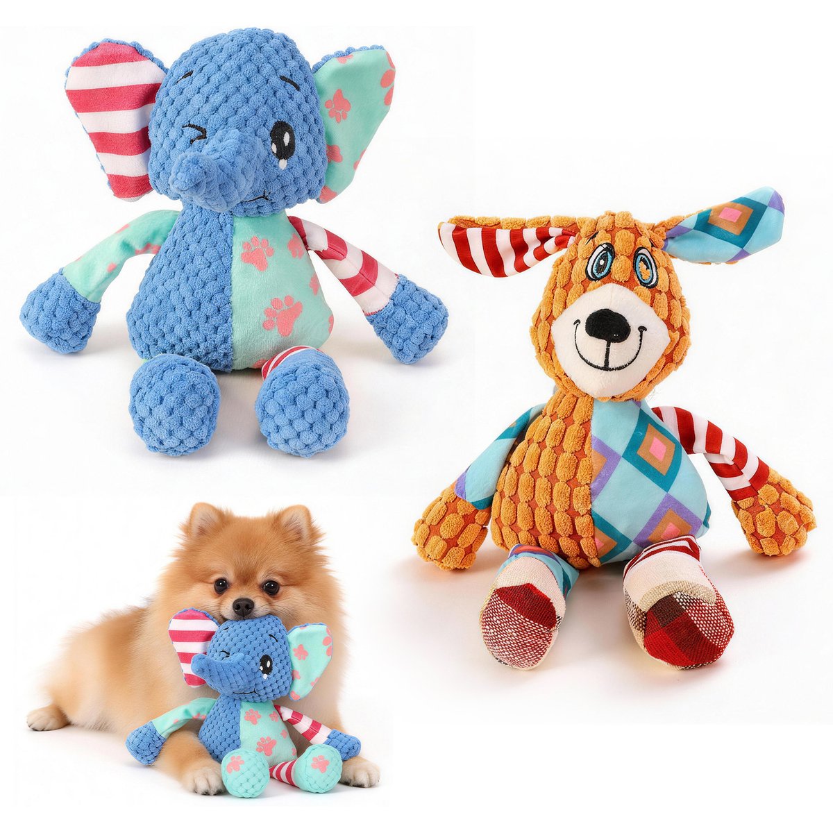 Potaroma Calming Dog&Elephant Tough Squeaky Dog Chew Toy, Multicolor, 2 count