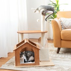 Kitty City Wooden Cat Tower & Hideaway House with Scratch Pad & Sherpa Cushion, Tan slide 2 of 9