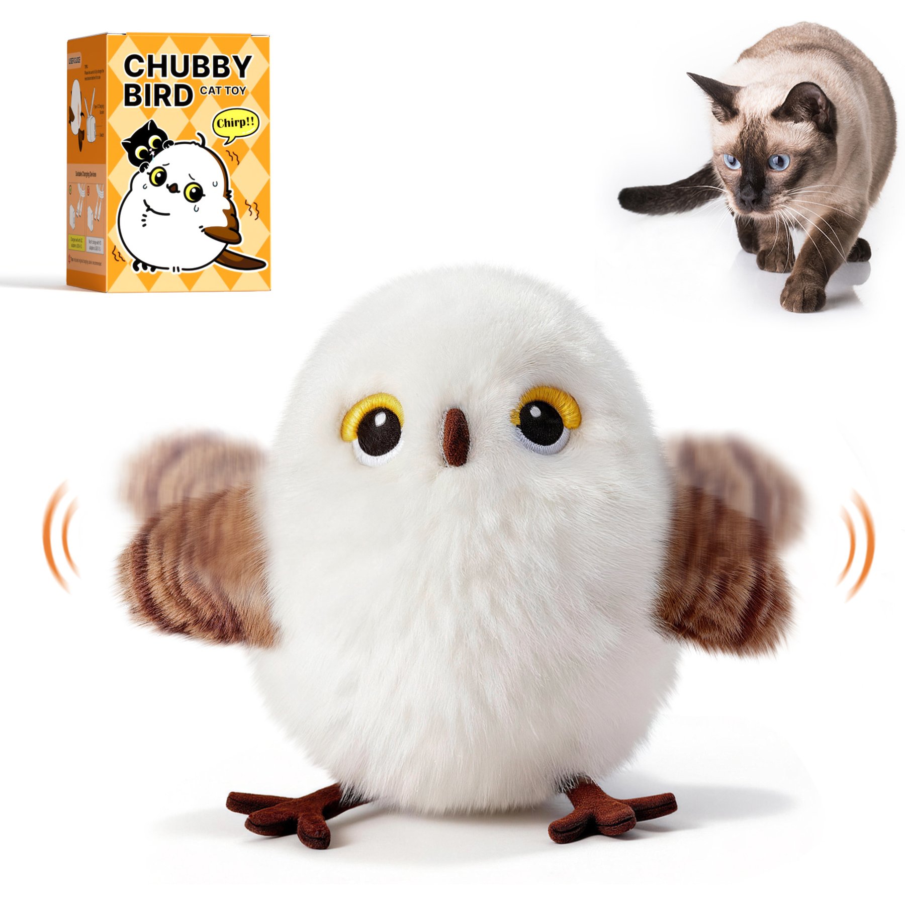 Potaroma 5.1-in Lifelike Chirp Tweet Rechargeable Touch Activated Interactive Catnip Little Chubby Flapping Bird Plush Cat Toy, White