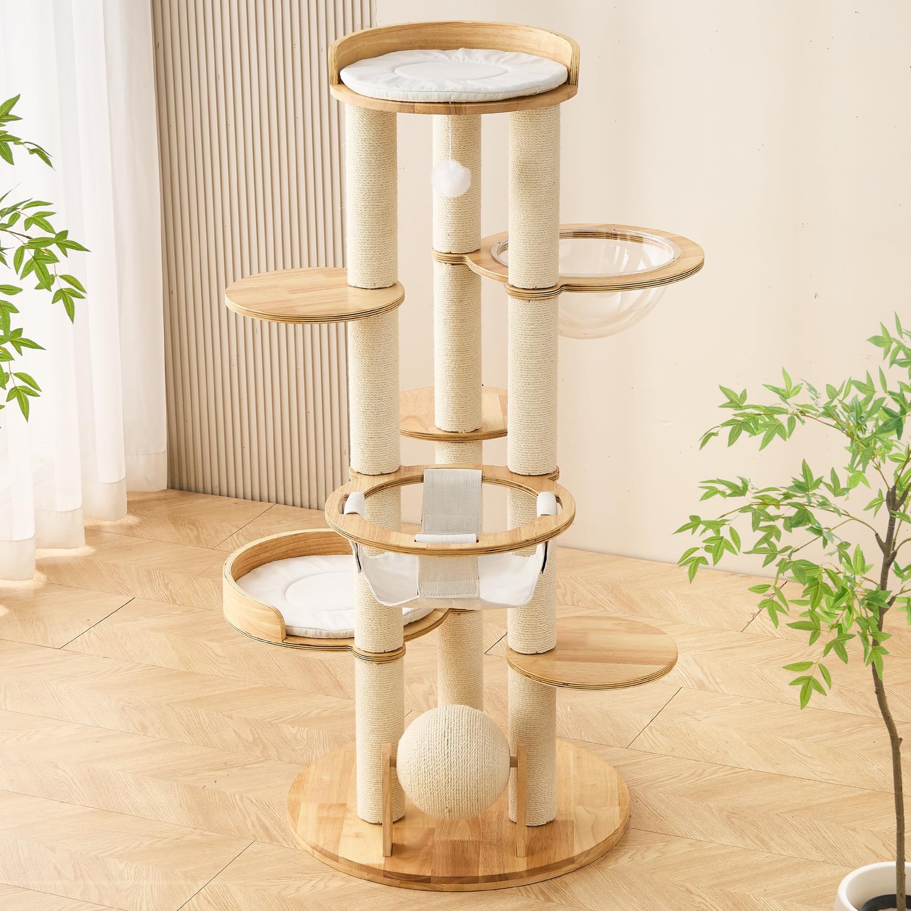Hittite 54-in Solid Wood Cat Tree with Sisal Scratching Posts, Capsule & Hammock, Natural, 23.62 x 23.62 x 53.54-in